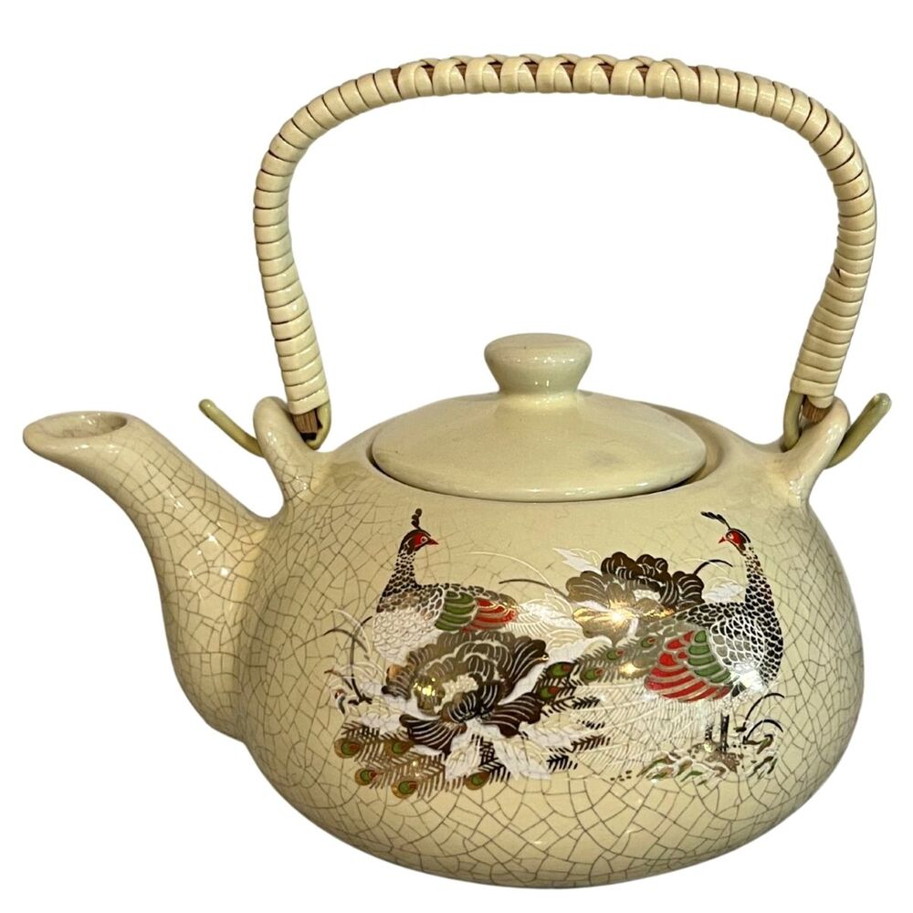 Japanese Kettle Teapot Brewer Pheasant Bird Crackle Glaze Crazed Woven Handle